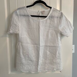 J. Crew Embroidered White Linen Short Sleeve Shirt with Scalloped Hem Size 4